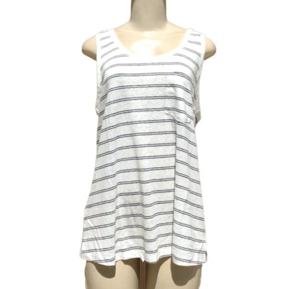 NWT Ava & Viv Linen Black/Cream Stripe Tank Top W/ Pocket - Size X-119